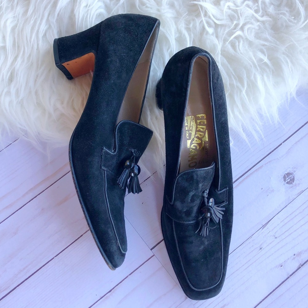 Salvatore Ferragamo black suede heeled loafers
